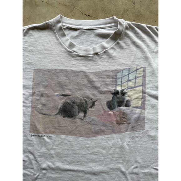 Vintage 1990s 'Demando Cat' Jeff Leedy Art Tee White Size Small Single Stitch - Picture 3 of 8